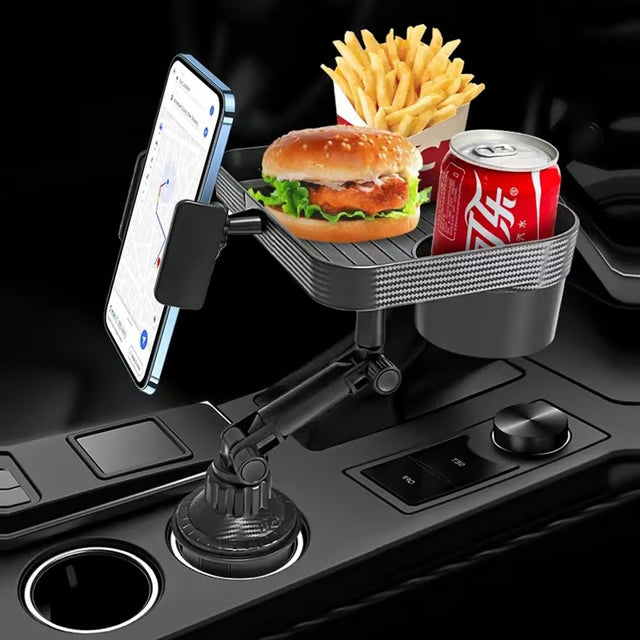Car Cup Holder Tray with 360° Rotating Table & Organizer