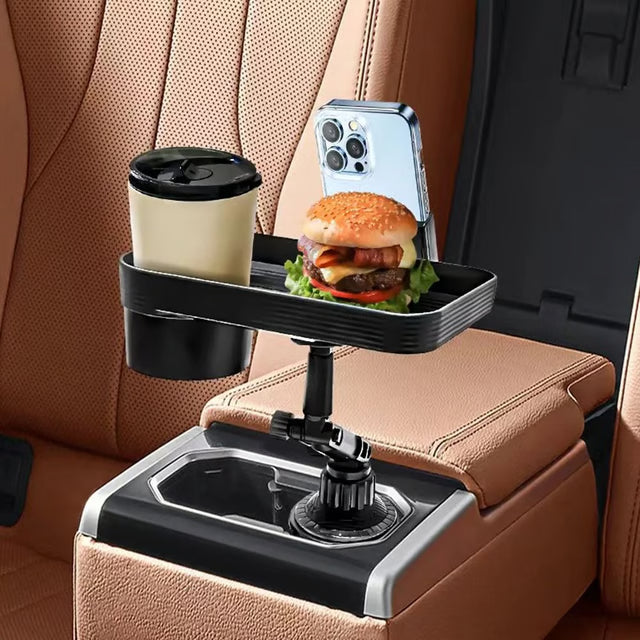Car Cup Holder Tray with 360° Rotating Table & Organizer