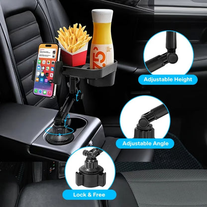 Car Cup Holder Tray with 360° Rotating Table & Organizer