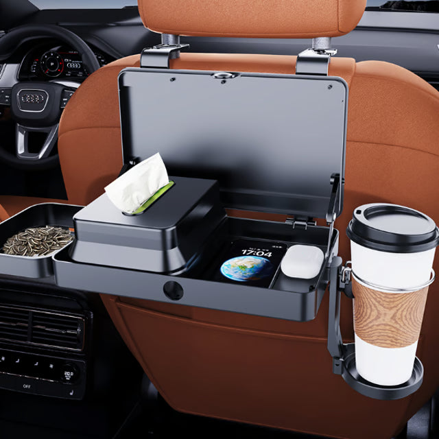 Backseat Organizer with Foldable Tray, Dual Cup Holders &amp; Phone Slot – Premium Vehicle Seat Back Organizer