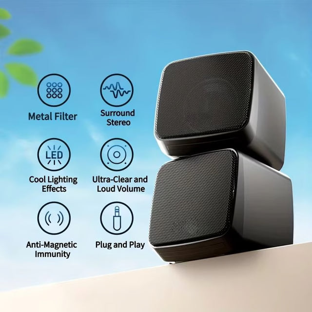 Mini USB Computer Speakers with Stereo Sound & Colorful Lights – Portable 6W AUX Desktop Speakers for Laptop & PC
