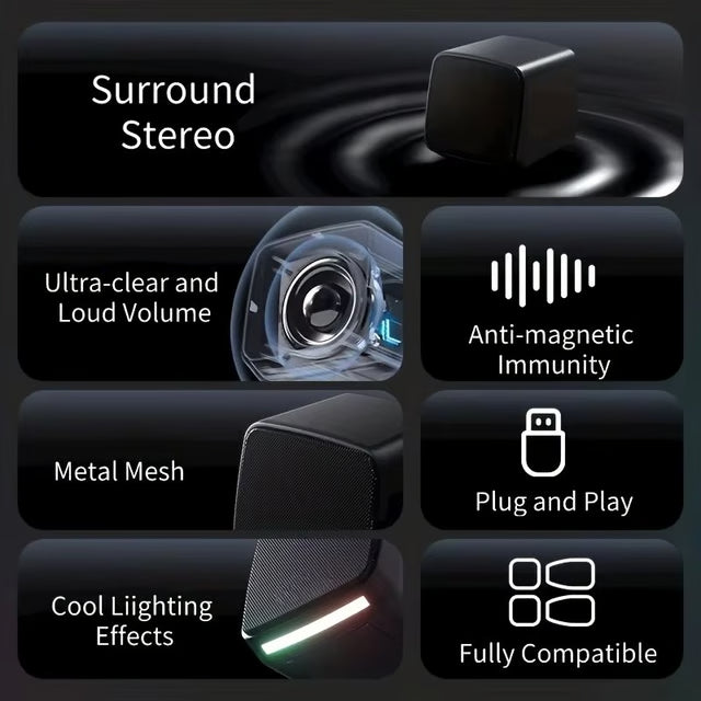 Mini USB Computer Speakers with Stereo Sound & Colorful Lights – Portable 6W AUX Desktop Speakers for Laptop & PC