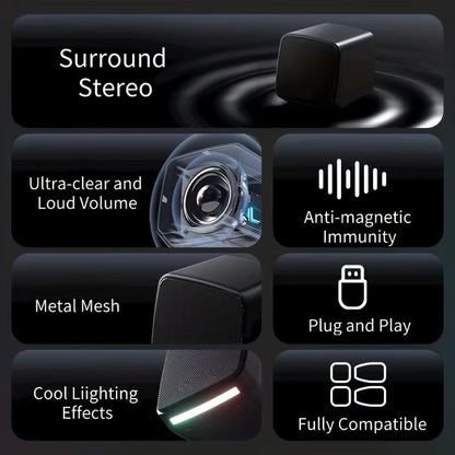 Mini USB Computer Speakers with Stereo Sound & Colorful Lights – Portable 6W AUX Desktop Speakers for Laptop & PC